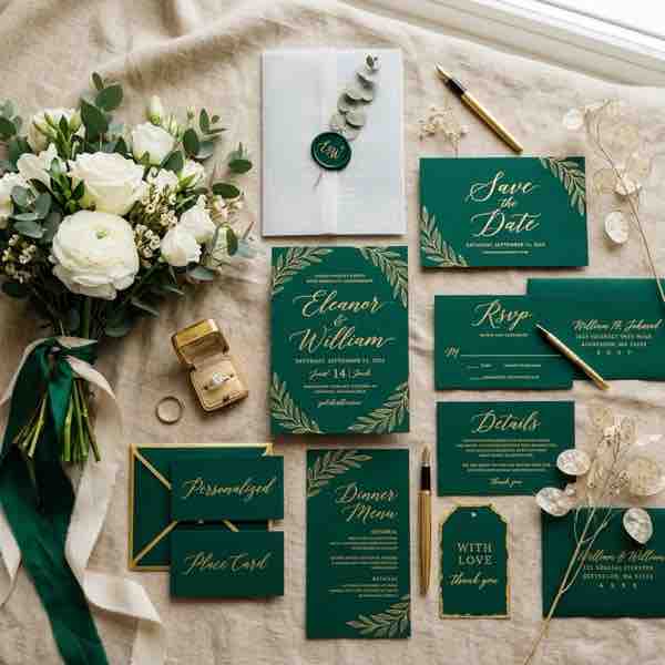 Elegant wedding invitations laid out on a table