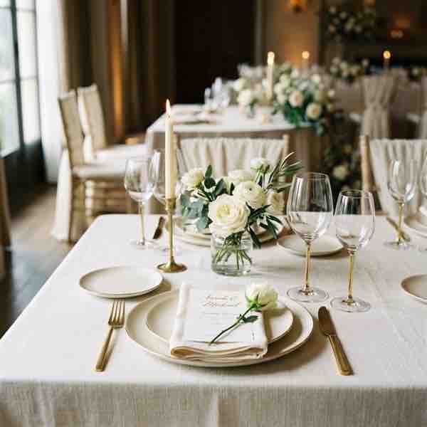 A styled wedding table with candles and flowers