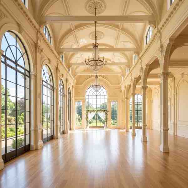 A grand wedding venue dressed for a reception